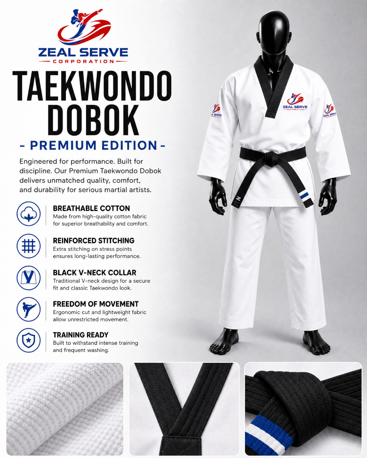 Zeal Serve Premium Taekwondo Dobok – White