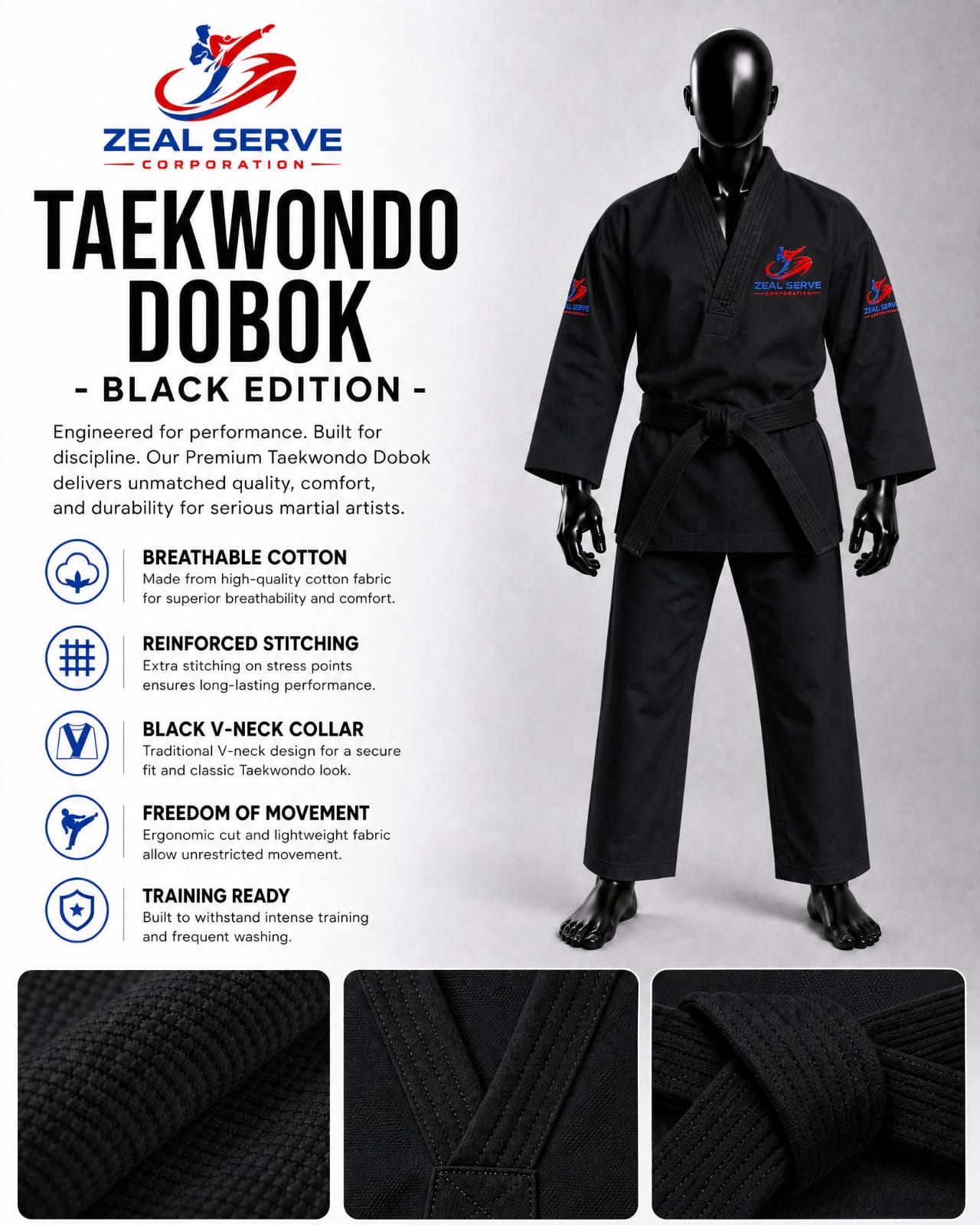 Zeal Serve Premium Taekwondo Dobok – Black